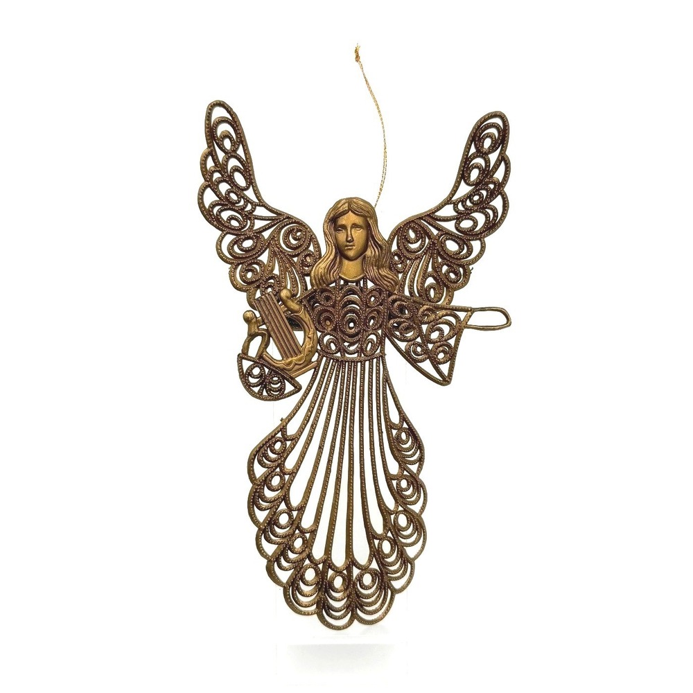 Vintage Brass Tone Angel Lyre‎ Ornament Christmas Hanging Decor Filigree Metal